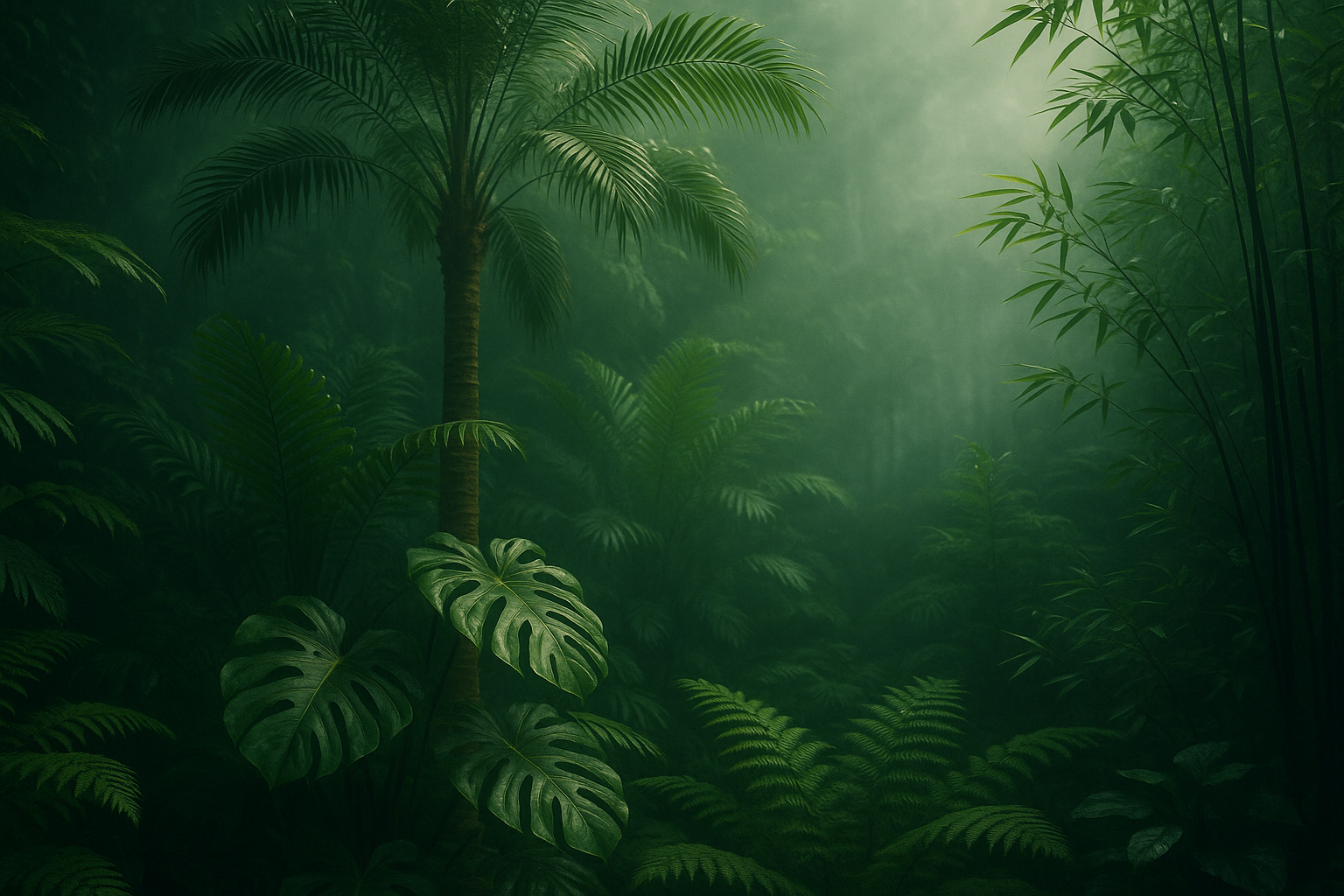 i-want-a-high-quality-4k-image-showing greenery-as-protecting-environment-make-it-very-aesthetic-and-low-light, put palm trees but other plants, make sure its all green and i want it very aesthetic