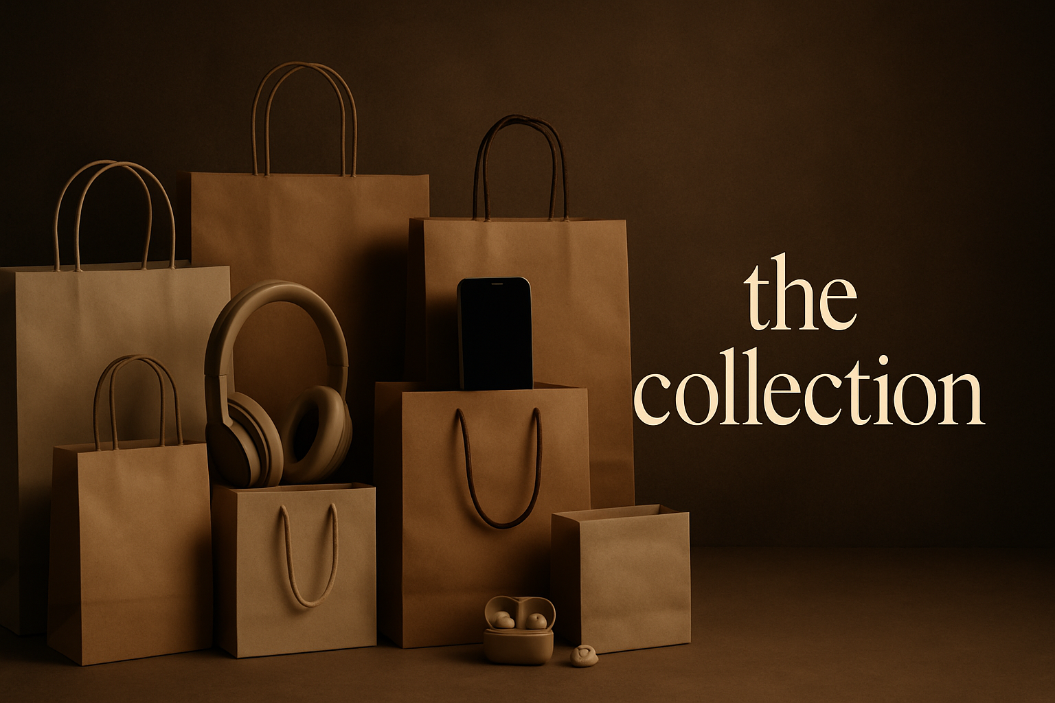 i want an aesthetic banner for my collection page, showing shopping bags with little bit of electronics and title on side with aesthetic times new roman font saying "the collection" make it low light and in shades of beige